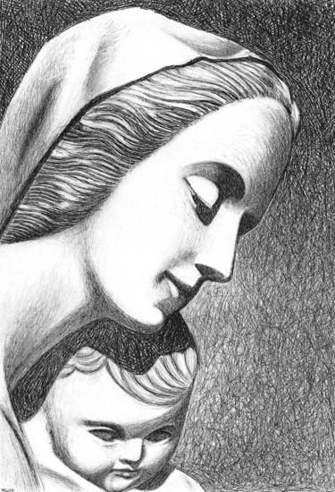 Dessin intitulée "Vierge à l'enfant" par Olivier Le Gac, Œuvre d'art originale, Crayon