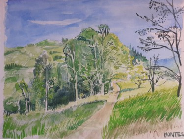 Peinture intitulée "vers le bosquet" par Olivier Montes, Œuvre d'art originale, Aquarelle