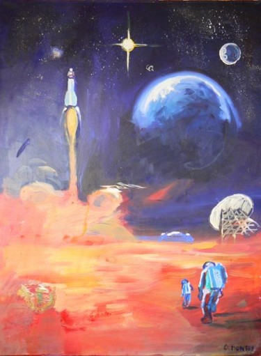 Painting titled "Promenade spatiale" by Olivier Montes, Original Artwork, Other