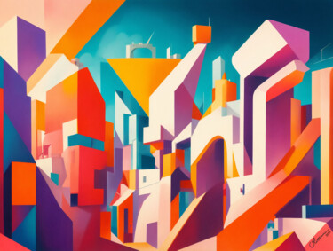 Digitale Kunst mit dem Titel "Geométrica City" von Olivinni, Original-Kunstwerk, KI-generiertes Bild