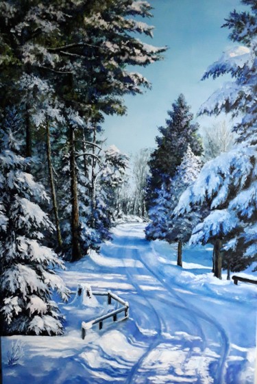 Картина под названием "Зимовий день" - Iryna Lubera, Подлинное произведение искусства, Масло Установлен на Деревянная рама д…