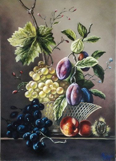 Картина под названием "Сливы и виноград" - Iryna Lubera, Подлинное произведение искусства, Масло