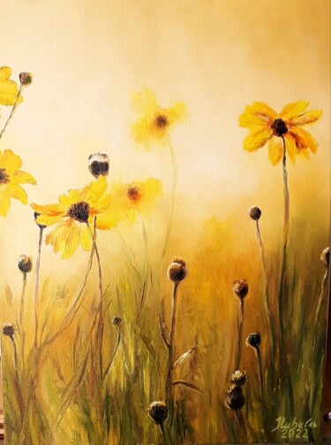 Painting titled "Flowers" by Iryna Lubera, Original Artwork, Oil Mounted on Wood Stretcher frame