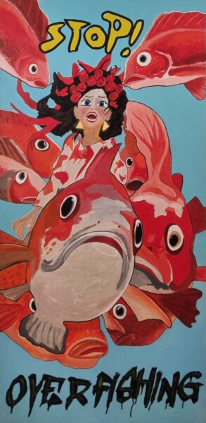 Schilderij getiteld "No Fishing" door Olke, Origineel Kunstwerk, Acryl Gemonteerd op Frame voor houten brancard