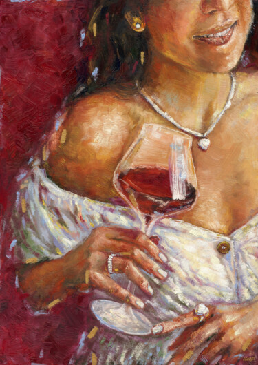 Painting titled "Woman with red wine…" by Olkosi, Original Artwork, Oil