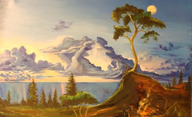 Картина под названием "Evening on the river" - Dmytry, Подлинное произведение искусства, Масло