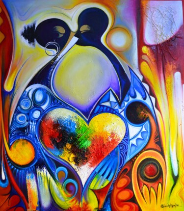 Картина под названием "Deep Kiss" - Olumide Egunlae, Подлинное произведение искусства, Масло