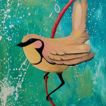 Картина под названием "Birdy. Green, yello…" - Olya Enina, Подлинное произведение искусства, Акрил Установлен на Деревянная…