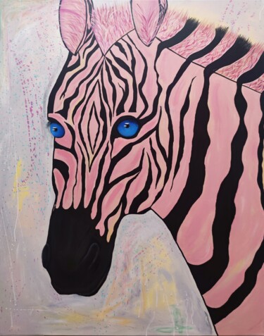 Painting titled "Pink zebra. Large w…" by Olya Enina, Original Artwork, Acrylic Mounted on Wood Stretcher frame