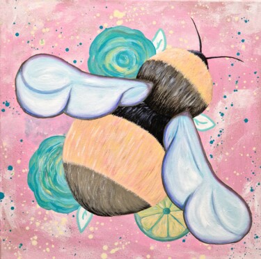 Painting titled "Bumblebee. Cute bug…" by Olya Enina, Original Artwork, Oil Mounted on Wood Stretcher frame