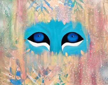 Painting titled "Blue eyed. Wild cat…" by Olya Enina, Original Artwork, Acrylic Mounted on Wood Stretcher frame