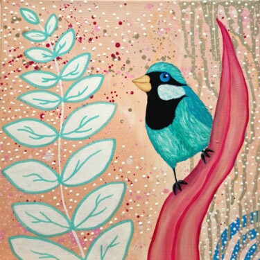 Painting titled "Blue bird. Cute for…" by Olya Enina, Original Artwork, Oil Mounted on Wood Stretcher frame