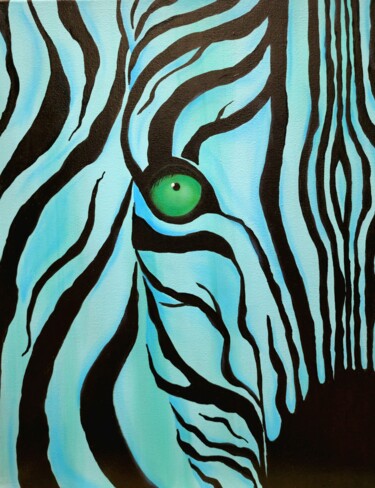 Painting titled "Emerald. Blue zebra…" by Olya Enina, Original Artwork, Acrylic Mounted on Wood Stretcher frame