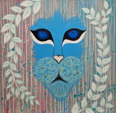 Painting titled "Caeser. Blue lion s…" by Olya Enina, Original Artwork, Acrylic Mounted on Wood Stretcher frame