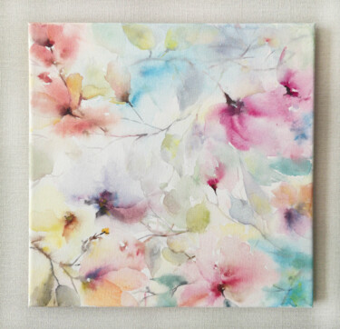 Painting titled "Loose floral painti…" by Olya Grigorevykh, Original Artwork, Watercolor Mounted on Wood Stretcher frame