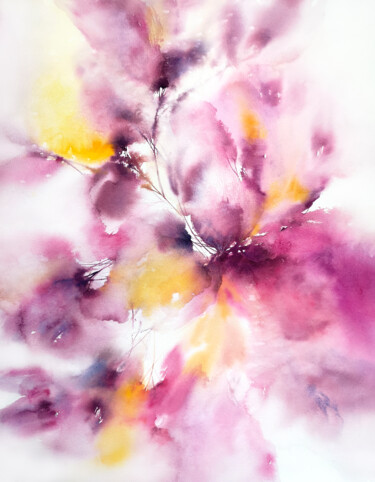 Pintura intitulada "Purple abstract flo…" por Olya Grigorevykh, Obras de arte originais, Aquarela