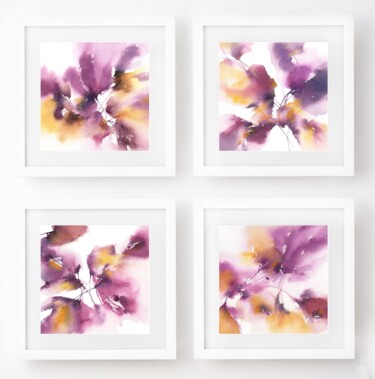 Pintura intitulada "Purple floral paint…" por Olya Grigorevykh, Obras de arte originais, Aquarela