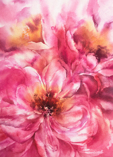 Malerei mit dem Titel "PINK PEONY BOUQUET,…" von Olya Grigorevykh, Original-Kunstwerk, Aquarell