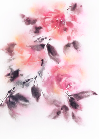 Картина под названием "Abstract roses, wat…" - Olya Grigorevykh, Подлинное произведение искусства, Акварель