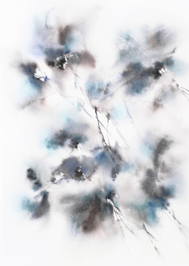 Schilderij getiteld "Abstract blue flowe…" door Olya Grigorevykh, Origineel Kunstwerk, Aquarel