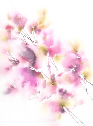 Pintura intitulada "Soft pink flowers,…" por Olya Grigorevykh, Obras de arte originais, Aquarela