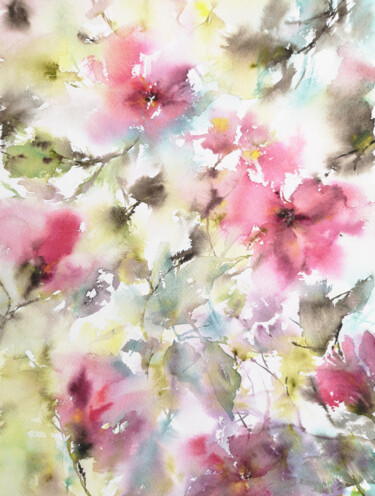 Картина под названием "Pink loose flowers,…" - Olya Grigorevykh, Подлинное произведение искусства, Акварель