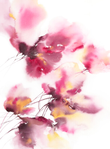 Картина под названием "Burgundy flowers, b…" - Olya Grigorevykh, Подлинное произведение искусства, Акварель