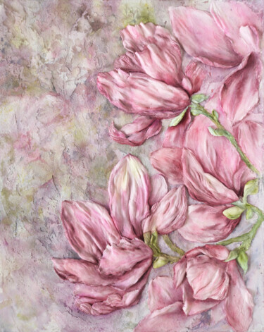 Pittura intitolato "Pink magnolias scul…" da Olya Grigorevykh, Opera d'arte originale, Gesso