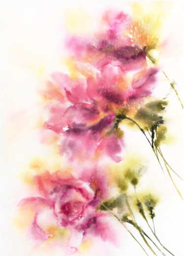 Peinture intitulée "Abstract pink flowe…" par Olya Grigorevykh, Œuvre d'art originale, Aquarelle