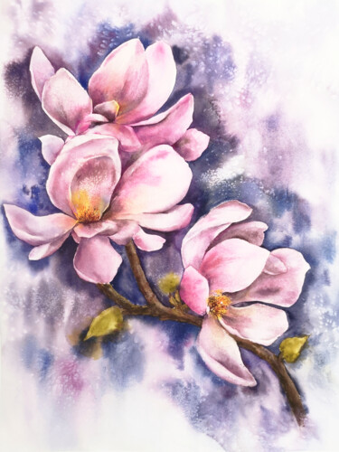 Schilderij getiteld "Magnolia flowers bo…" door Olya Grigorevykh, Origineel Kunstwerk, Aquarel