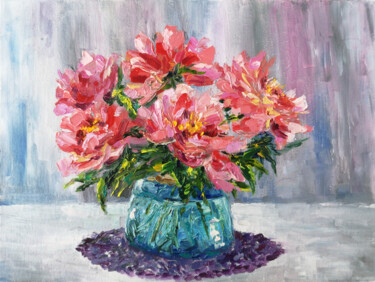 Painting titled "Pink peony bouquet…" by Olya Grigorevykh, Original Artwork, Oil