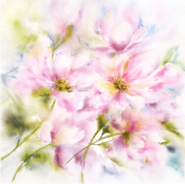Painting titled "Peony flowers, pink…" by Olya Grigorevykh, Original Artwork, Watercolor