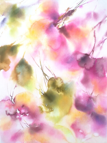 Pintura intitulada "Abstract pink flowe…" por Olya Grigorevykh, Obras de arte originais, Aquarela