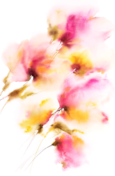 Картина под названием "Pink yellow abstrac…" - Olya Grigorevykh, Подлинное произведение искусства, Акварель