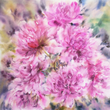 Painting titled "Peony bouquet water…" by Olya Grigorevykh, Original Artwork, Watercolor
