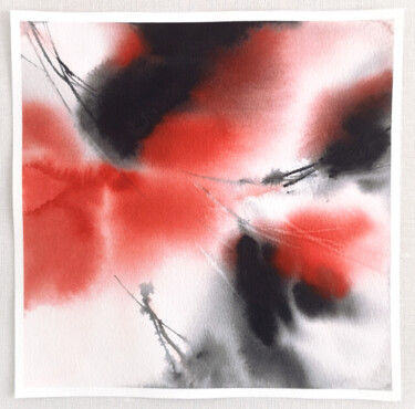 Painting titled "Red abstract flower…" by Olya Grigorevykh, Original Artwork, Watercolor