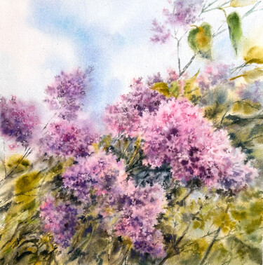 Painting titled "Lilac flowers bouqu…" by Olya Grigorevykh, Original Artwork, Watercolor