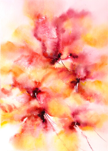 Painting titled "Red flowers, abstra…" by Olya Grigorevykh, Original Artwork, Watercolor