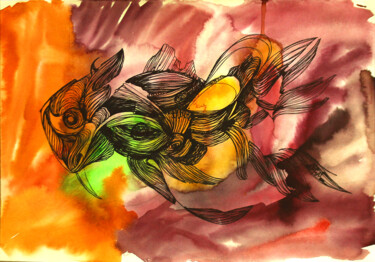 Картина под названием "4 Fish of the future" - Olya Kartavaya, Подлинное произведение искусства, Акварель
