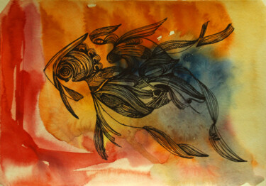 Картина под названием "3 Fish of the future" - Olya Kartavaya, Подлинное произведение искусства, Акварель