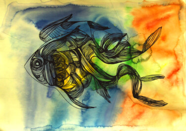 Картина под названием "Fish of the future" - Olya Kartavaya, Подлинное произведение искусства, Акварель