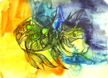 Painting titled "8 Fish of the future" by Olya Kartavaya, Original Artwork, Watercolor