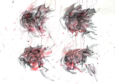 "Red fish in lines" başlıklı Tablo Olya Kartavaya tarafından, Orijinal sanat, Mürekkep