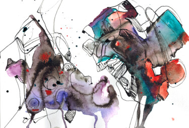 Peinture intitulée "Cat and dog" par Olya Kartavaya, Œuvre d'art originale, Encre