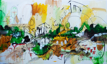 Schilderij getiteld "Landscape Village" door Olya Kartavaya, Origineel Kunstwerk, Acryl