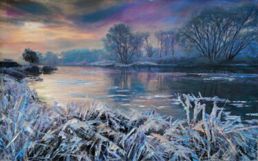 Painting titled "Ice Lake" by Olya Lioness, Original Artwork, Oil Mounted on Wood Stretcher frame
