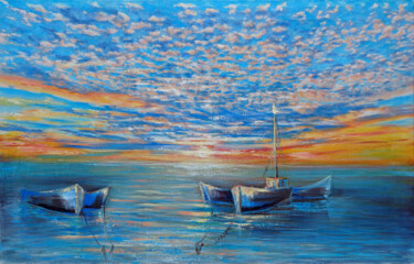 Schilderij getiteld "Sea & Sky" door Olya Lioness, Origineel Kunstwerk, Olie Gemonteerd op Frame voor houten brancard