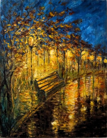Painting titled "Night Alley" by Olya Lioness, Original Artwork, Oil Mounted on Wood Stretcher frame