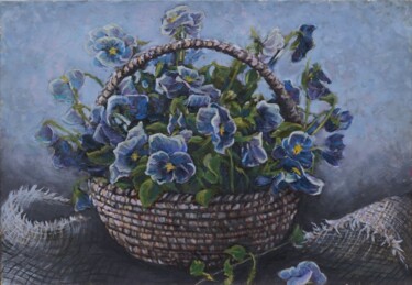Painting titled "Violets in the bask…" by Olya Lioness, Original Artwork, Oil Mounted on Wood Stretcher frame