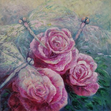 Painting titled "Roses and dragonfli…" by Olya Lioness, Original Artwork, Oil Mounted on Wood Stretcher frame